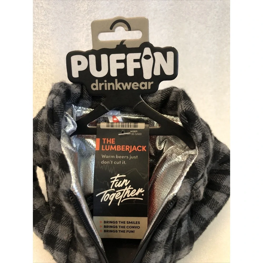 Puffin drinkwear Plaid‎ Pewter Flannel Jacket Shirt Drink Koozie The Lumberjack